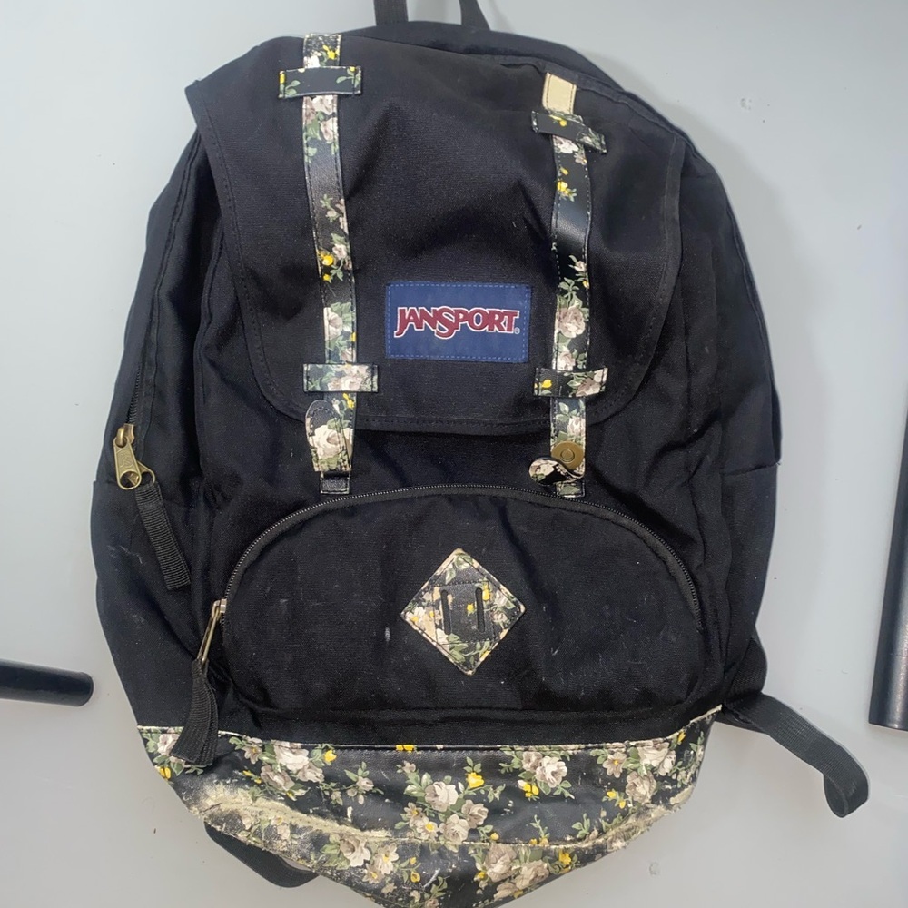 JanSport Black Backpack with Floral Accents